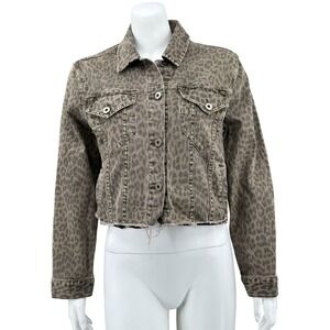 Pistola Jacket Womens Medium Brown Leopard Naya Denim Cropped‎ Raw Hem Grunge
